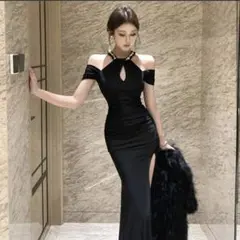 パールロングドレス　オフショルダー　ブラック　サイズS