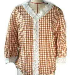 ギンガムチェック レース装飾 五分袖ブラウス