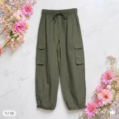 GU スーパーワイドカーゴパンツ カーキ S ミリタリー ストリート 裾ゴム