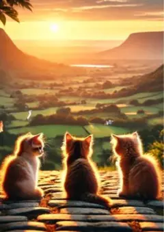 猫と夕日の風景画