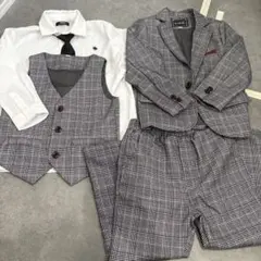 フォーマルスーツ 5点セット　グレー系チェック ポロシャツ　ネクタイ付き