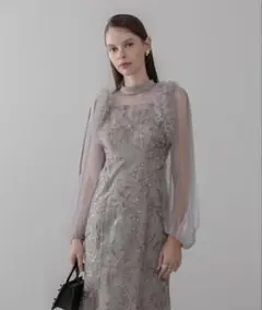 フラワースパンコールチュールフリルロングスリーブマーメイドワンピースドレス