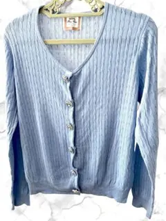 美品★春色 LL ライトブルー ビジュー カーディガン 春ニット 薄手★通勤