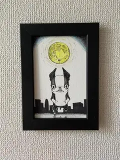 ボストンテリア今宵の月のように手描きイラスト原画