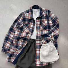 ネルシャツアウター 裏起毛 チェック ネイビー XL 大きめ カジュアル 古着