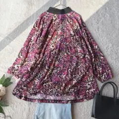 美品(L)長袖/ストレッチ/ロンT/総柄/プルオーバー/ミセス/ゆったり