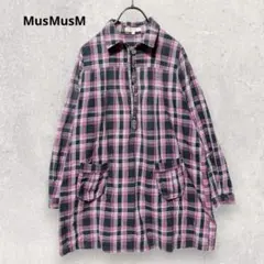 MusMusM ムスムス チェックシャツ 長袖 M ピンク カジュアル 刺繍