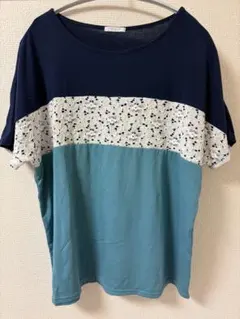 CINEMA CLUB レース切替 半袖Tシャツ ネイビー×グリーン Mのサムネイル