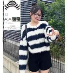 ボーダー柄フェザーニットショート丈カーディガン[kz323]