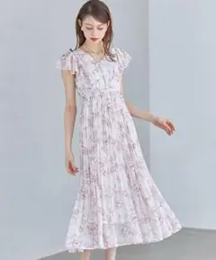 パール付きネックリボン水彩ラインフラワープリーツワンピース ピンク