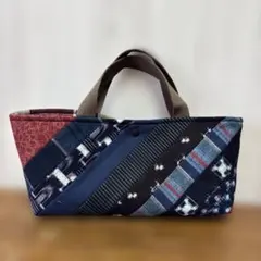 絣紬藍染古布　横長バッグ②ハンドメイド