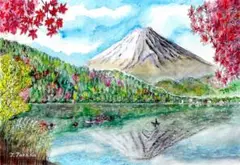 癒しの水彩画　河口湖の秋　A 4額なし