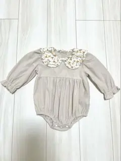 新生児 ベージュ フラワー ベロア 長袖 ロンパース 60センチ