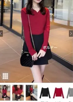 新品　GRLハートネックリブニットトップス gn381 ボルドー♡グレイル