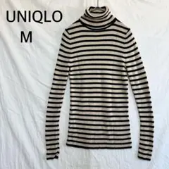 ユニクロ ボーダー タートルネックニット M ブラック×ベージュ ウール100%