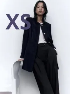 ロングストラクチャーブレザー　ネイビーブルー　ツイードジャケット