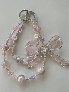 キラキラビーズスマホストラップ ピンクリボン 2wayバッグチャーム 大玉ビーズ