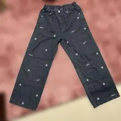 小花刺繍 ダークグレー ワイドレッグデニムパンツ W 64-70