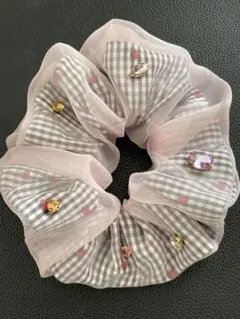 ギンガムチェックピンクオーガンジービジューシュシュ