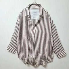 【訳あり】イネド ストライプオーバーブラウス 白 茶　Mのサムネイル