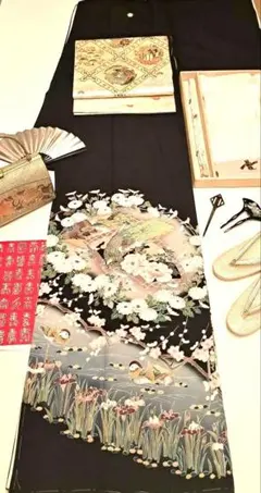 新品未使用❇️豪華黒留袖　手描友禅暈し染め ５つ紋　比翼仕立て　　ブルセット