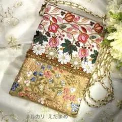 スマホショルダー スマホポシェット サコッシュ インド刺繍リボン 春の花 と宝石