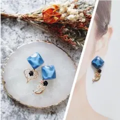 アクアブルー×ローズチャーム ピアス イヤリング ハンドメイド