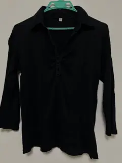 黒い襟付き長袖シャツ 100%コットン