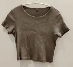 UNIQLO リブ編み ショート丈　Tシャツ L ブラウン 半袖　へそ出し