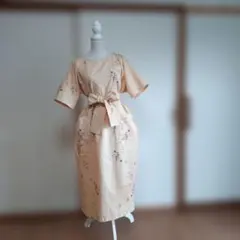 ☆夏着物リメイク五分袖ワンピース☆身幅63cm☆リボン付き☆ハンドメイドのサムネイル