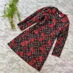 vintage 花柄ワンピース 長袖 Aライン 黒 赤 デイジー 昭和レトロ