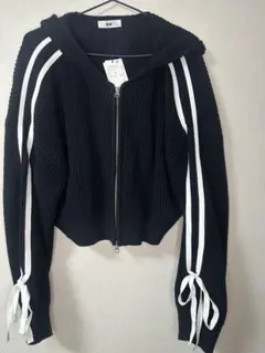 ラインリボンダブルジップニットパーカー　黒