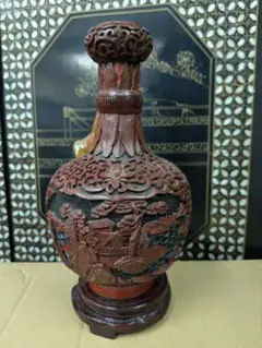 骨董品　壺　堆朱 中国美術工芸品 骨董品 堆朱 龍 竜 花 彫刻 赤壺 壺 飾り壺 花器