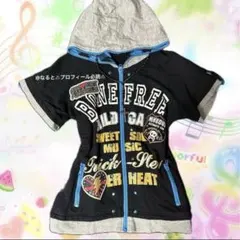 y2k 英字　スタッズ チェック　半袖パーカー　平成女児　ロック　ギャル　ラメ