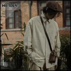 レトロ 無地 長袖ワークシャツ シャツジャケット スナップボタン ベージュ L