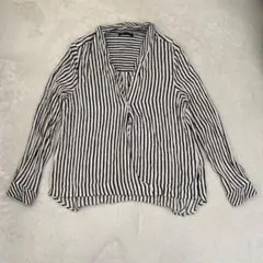 ZARA ザラ trf ブラウス ストライプ 長袖 Vネック ブラック L