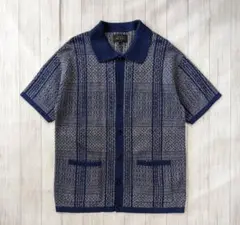 ビームスプラス/ジャカード 半袖ニット/麻混/ボタンアップ/SIZE L