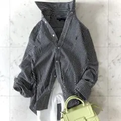 美品 ラルフローレン コットンストライプシャツ　ブラック×ホワイト ポニー刺繍