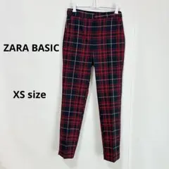 ザラ　ZARA BASIC チェック柄パンツ　XS 赤　ウエストゴム　スリット