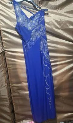 青 ビジュー装飾 ストラップ付きロングドレス