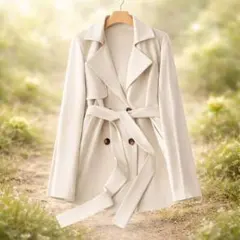 レディース　ベルト付きトレンチコート 　ダブルブレスト　ミルキーホワイト