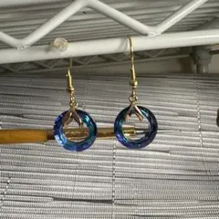 青緑色クリスタルの円形ピアス金具ステンレス