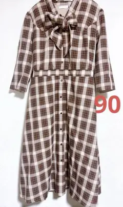 【新品】overE 90 ブラウンチェック　ボウタイワンピース オーバーイー