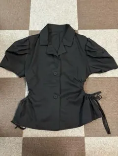 olu. 襟 ウエストリボン パフスリーブ シャツ ブラウス ブラック 完売品