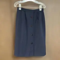 ネイビー ボタン付きスカート 膝下丈 バックスリット レディースM 上品