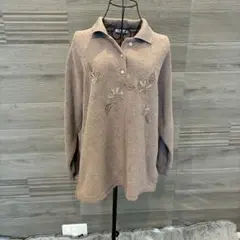 【セール】00's vintage 花柄刺繍ピンクベージュ　ポロシャツ 長袖