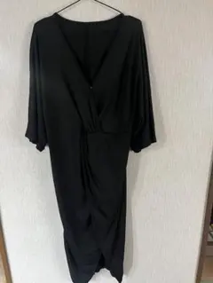 カシュクールデザイン 黒 ひざ丈ワンピース 半袖　1 XL