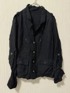 美品 エミリアン 麻混 ミリタリージャケット 黒 11R M~L ブルゾンのサムネイル