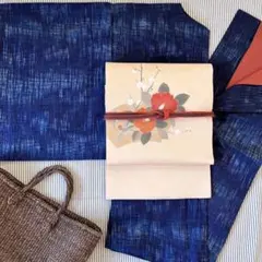 着物　紬　藍色系美しい柄　袷　正絹