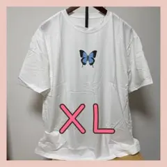 ホワイト 蝶プリント 半袖Tシャツ Tシャツ XL レディース
